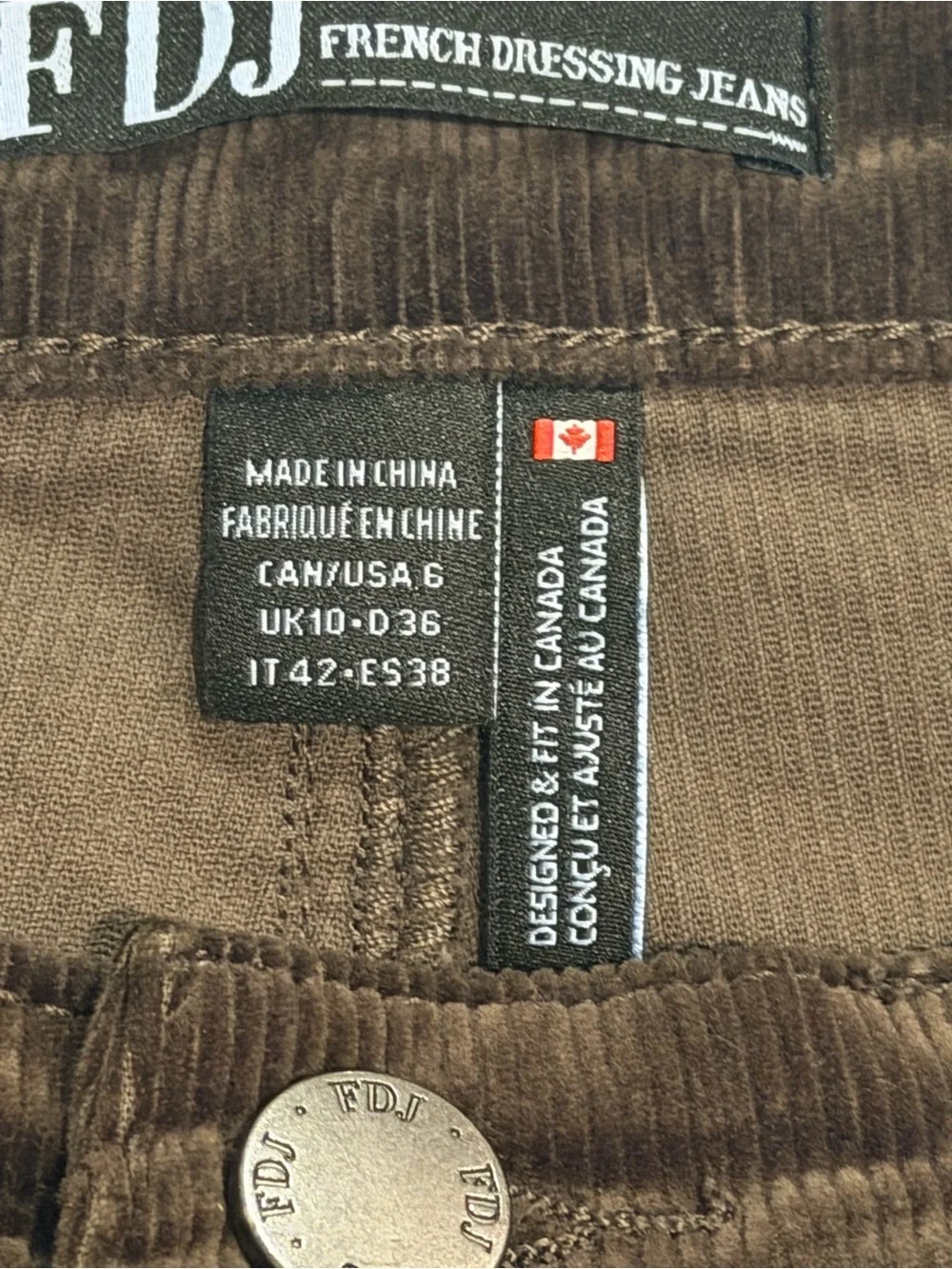 FDJ French Dressing Jeans Suzanne Brown Corduroy Straight Leg Pants Size 6 NWT